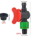 Detailed view of 10 Pack Drip Irrigation Switch Valves Kit For 16 To 17 mm Drip Tape Tubing Universal Quick Connect in use