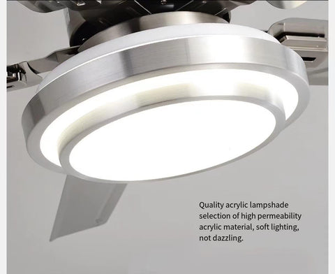 48 Inch LED Ceiling Fan With Lights And Remote Control, close-up of silver finish, acrylic lampshade, and blades visible