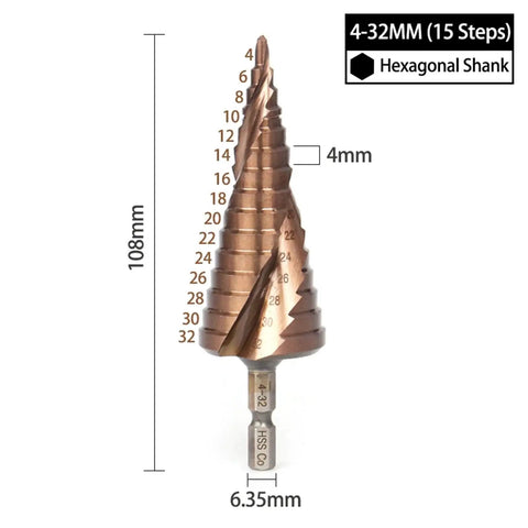 Get These Badass M35 Cobalt Step Drill Bits For Stainless Steel And Thick Metal. The 4 To 12mm Size Range With Hex Shank Means You Can Punch Holes Super Fast In Any Tough Job Site. Grab This Spiral Groove Hole Saw Kit Today And Stop Wasting Time On Slow. 4-32mm step drill bit, HSS Co, hex shank