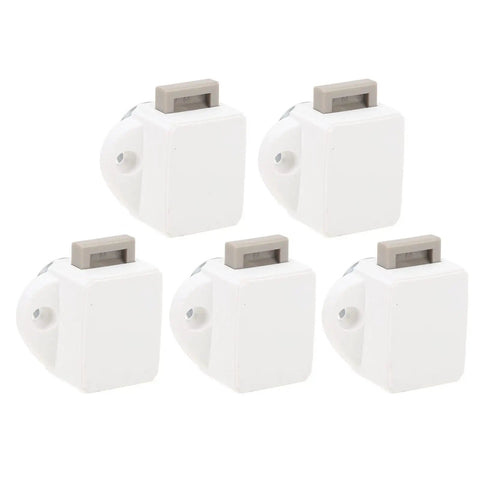 Push Button Latch Set for Cabinets and Drawers, Zinc Alloy Keyless Cupboard Locks Pack of 5, white and grey front view