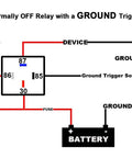 Wiring diagram for 4 Pin 80 To 60 Amp 12VDC Waterproof SPST Automotive Relay Kit with ground trigger and battery connection.