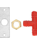 Auto Flow Rabbit Water Feeder Kit With Hose Hookup For Small Critters And Poultry Coops parts including red connector, nut, and mounting plate.