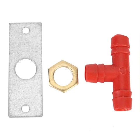 Auto Flow Rabbit Water Feeder Kit With Hose Hookup For Small Critters And Poultry Coops parts including red connector, nut, and mounting plate.
