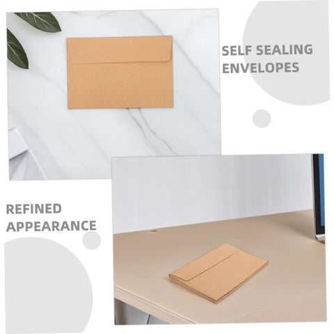 60 Pack Self Adhesive Kraft Paper Envelopes 10.8 By 15.9 Cm showing rustic style and sealing feature on marble and desk