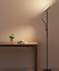 Torchiere Floor Lamp With Reading Light, 3500 Lumen LED Standing Lamp, 35W Energy Saver next to a wooden table in a living room.