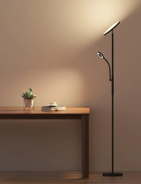Torchiere Floor Lamp With Reading Light, 3500 Lumen LED Standing Lamp, 35W Energy Saver next to a wooden table in a living room.