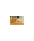 Expandable Indoor Dog Gate With Small Pet Door, Adjustable 18 To 30.75 Inches Wide, white metal gate in doorway.