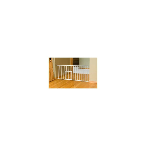 Expandable Indoor Dog Gate With Small Pet Door, Adjustable 18 To 30.75 Inches Wide, white metal gate in doorway.