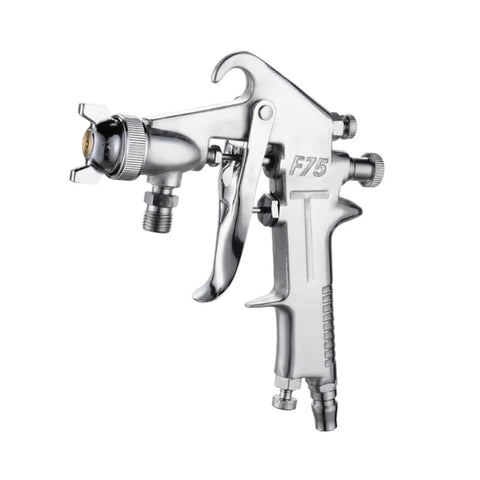 Heavy Duty Pneumatic Paint Sprayer With 400ML Aluminum Hopper And Stainless Steel Nozzle showing chrome finish and precision nozzle.