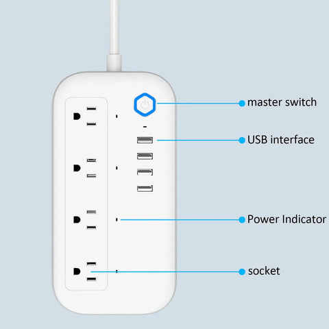 Heavy Duty Smart Power Strip With Voice Control And Programmable Timer delivering four AC outlets plus four USB ports, showing master switch and USB interfaces.