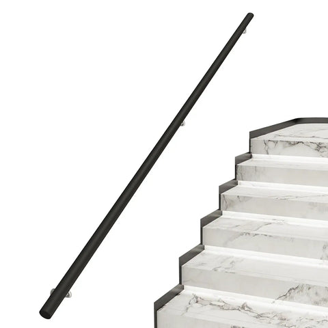 Knockout Modern Black Handrail Kit With Hella Non Slip Grip, Heavy Duty Wall Mounted Stair Grab Bar For Stairs Lofts And Decks, Totally Tough Point Eight Inch Grip Diameter In Multiple Sizes installed on stone steps.