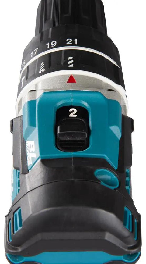 Top view of Heavy-Duty 18V Brushless Cordless Drill And Driver Combo Kit showing settings dial and switch for ease of use.