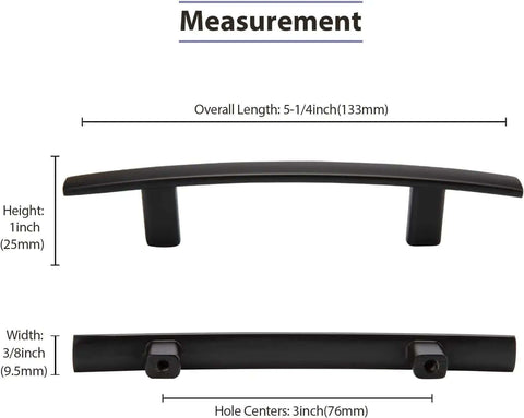 Measurements of Heavy Duty Matte Black Cabinet Pulls 20 Pack Solid Zinc Drawer Handles 5-1/4 inch length, 3 inch center spacing.