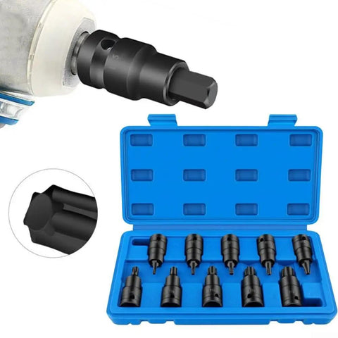 Cool 10-Piece Torx Socket Adapter Set With T20 To T70 Bits For Your 1/2 Inch Impact Wrench. case open
