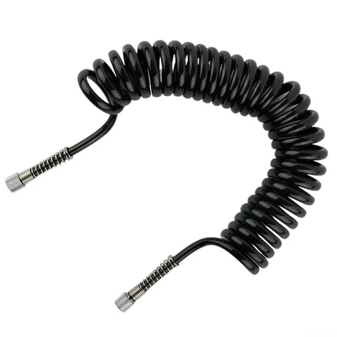 Heavy Duty 3 Meter PU Coiled Airbrush Hose With Secure One Inch Couplers For Car Detailing Spray Painting And Art Projects Featuring Kink Free Flexible Tube That Stays Tidy On The Job Site Every Time coiled hose with metal couplers on white background