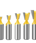 Top Shelf Five Piece Dovetail Router Bit Set 1/2 Inch Shank in varying sizes with carbide tips for woodworking.