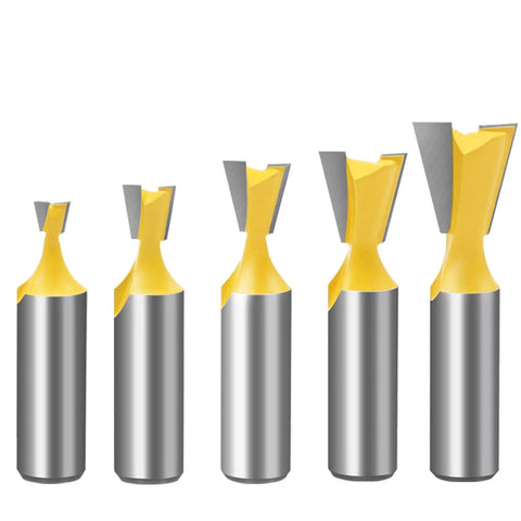 Top Shelf Five Piece Dovetail Router Bit Set 1/2 Inch Shank in varying sizes with carbide tips for woodworking.