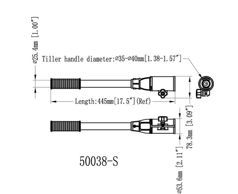 Technical drawing of Fixed 17.5 Inch Tiller Handle Extension For Trolling Motors Ergonomic No Slip Grip Anodized Aluminum Tubing.