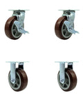 Heavy Duty Six Inch Polyurethane Casters Set Of Four Stainless Steel Top Plates two swivel with brakes and two rigid shown from different angles.