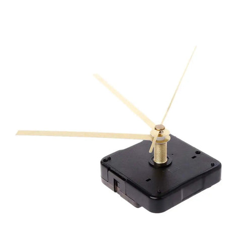 Quartz Clock Movement Kit With Hands for DIY Wall Clock Repair showing plastic and aluminum construction in black and gold.