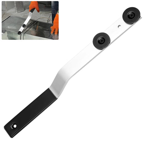 Duct stretcher tool, 16-inch metal with offset handle and sliding washers for sheet metal HVAC ductwork