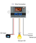Plug And Play Digital LED Temperature Controller Module With Waterproof Probe showing wiring connections, 12V 10A 120W