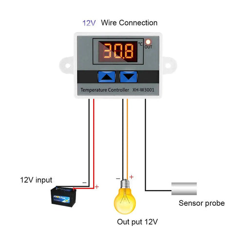 Plug And Play Digital LED Temperature Controller Module With Waterproof Probe showing wiring connections, 12V 10A 120W