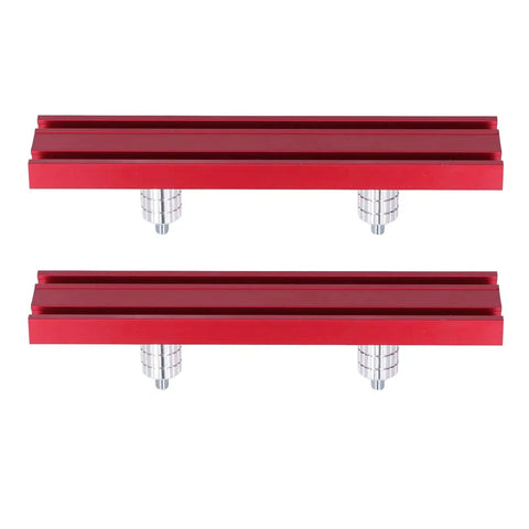 Pro Grade Woodworking Planing Stop Bench Dog Set With Aluminum Alloy Workbench Stop Clamps shown in red with two stops visible.