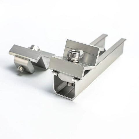 Beefed Up Solar Panel Mounting Kit With Mid And End Clamps And Rails For Roof Installations Secure Framed PV Modules On Rooftops Wind Resistant Clamp System For Easy Durable Roof Mount, close-up of aluminum clamps and rails.