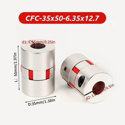 Beefy Aluminum Shaft Coupler With 6.35mm To 12.7mm Bore 35mm Diameter And 50mm Length Flexible Spider Design With Polyurethane Ring