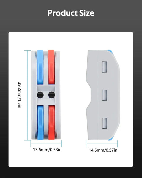 Side and front view of Lever Push In Wire Connectors 10 Pack Quick Connect Splice Connectors, dimensions labeled at 39.2mm and 14.6mm.