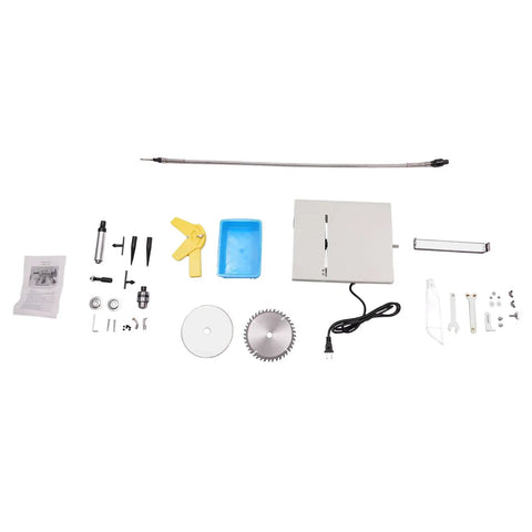 Components of Beast 750W Mini Table Saw Bench Grinder For Lapidary And Jewelry Rock Cutting, 110V, including blades and accessories.