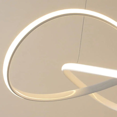 Close-up of the Dimmable LED Pendant Light with Irregular Ring Design, Remote Control, White Finish, Modern Sleek Chandelier