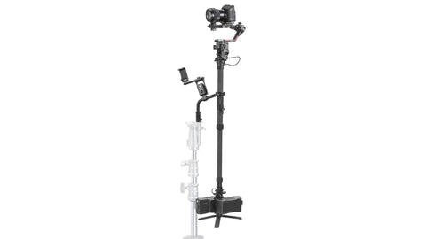 Float Handheld Gimbal Support System With V Mount For DJI RS3 Pro And RS2 22 Lb Payload holding a camera on a tripod.