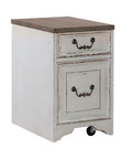 Built Different L Shaped Office Desk Set Crafted From Heavy Duty Wood, Classic Antique White And Rustic Weathered Brown Finish, Compact Corner Block, Dual Flip Down Tray, And Quiet Rolling Drawer Chest For Your Dream Workspace - Two-drawer rolling chest in antique white and weathered brown.