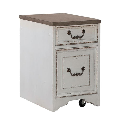 Built Different L Shaped Office Desk Set Crafted From Heavy Duty Wood, Classic Antique White And Rustic Weathered Brown Finish, Compact Corner Block, Dual Flip Down Tray, And Quiet Rolling Drawer Chest For Your Dream Workspace - Two-drawer rolling chest in antique white and weathered brown.