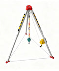 Built Like A Tank Heavy Duty Aluminum Confined Space Tripod Kit For Manhole Rescue With Manual Winch And Self Retracting Lifeline with hoist and safety features.