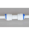 Five Pack One Quarter Inch Quick Connect Pipe Fittings For Reverse Osmosis Systems Equal Straight Plastic Water Line Connectors Easy Install No Tools Needed Durable High Quality RO Fittings installed on pipe