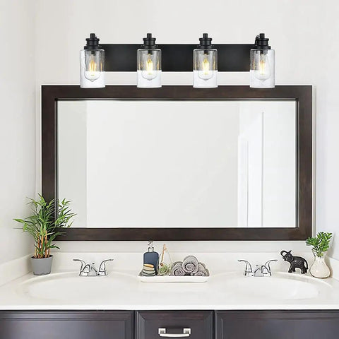 Four Light Black Wall Sconce Vanity Light With Seedy Glass Shades 28 Inch Modern Bathroom Mirror Hallway Bedroom Living Room Lighting