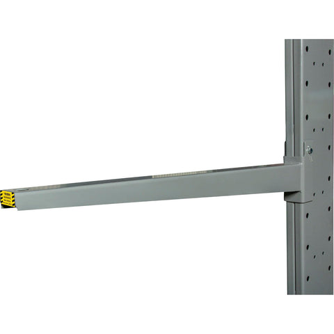 Steel cantilever rack arm detail, gray finish, supports eight hundred lbs per arm, for lumber and pipe storage.