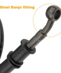 Close-up of braided stainless steel motorcycle brake line 60cm 23.6in hydraulic clutch oil pipe with rust-resistant banjo ends.