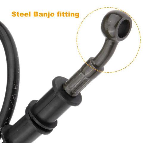 Close-up of braided stainless steel motorcycle brake line 60cm 23.6in hydraulic clutch oil pipe with rust-resistant banjo ends.