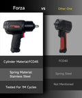 Forza 1/2 Inch Air Impact Wrench showing FCD45 material specifications for garage and heavy duty use.