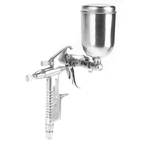 Compact Pneumatic Spray Gun With Tight 0.5mm Nozzle And 125ml Gravity Cup Delivers Slick Atomization For Auto Touch Up And Wood Staining Without The Drip Nonsense, aluminum body, gravity cup.