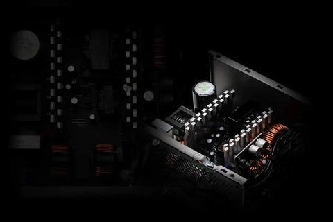 Close-up of Beefy 450 Watt Computer Power Supply with components showcasing 80 Plus Bronze efficiency and cooling features.