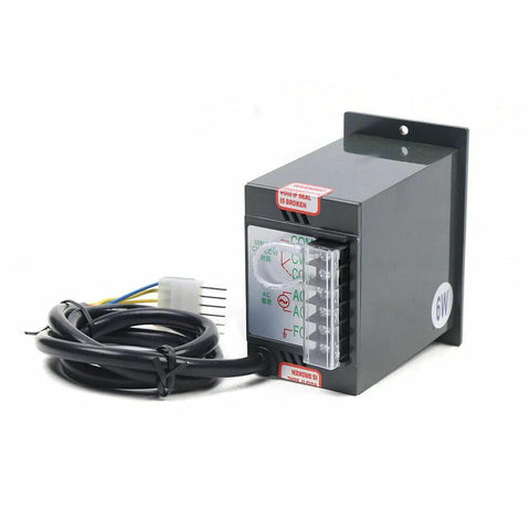 Front view of AC 110V 6W single-phase geared motor speed controller module with screw-terminal block and cables