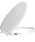 White Elongated Bidet Toilet Seat With Soft Close Lid Dual Front Wash Nozzles Adjustable Pressure Dial, showing soft close feature and control panel.