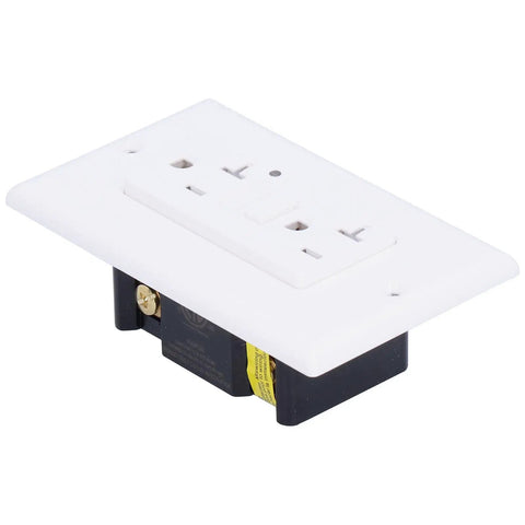 Rock Solid 20 Amp Smart Gfci Outlet with Child Door Shutters and ETL Listing, angled view showing white ABS cover.