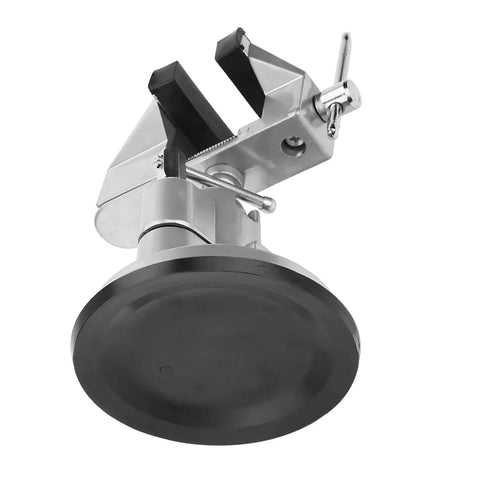 Rock Solid Universal Table Vise Clamp With Zero Wobble Rotating Base showing non-slip rubber suction cup for strong grip.