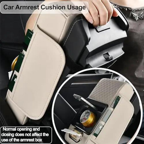 Waterproof Faux Leather Armrest Box Mat With Dual Cup Holders, Phone Slot, Tissues, Side Pockets, Elastic Straps, And Absorbent Cup Coaster, Quilted Elbow Rest For Long Drives, Keeps Your Ride Clean, Organized, And Comfy. car armrest cushion usage, faux leather with cup holders